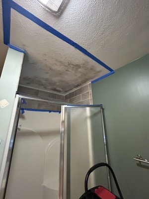 The problem with a mold in the bathroom - It was a big mold area in the bathroom. Firstly was  necessary to detect the reason that helps mold  to grow, that feeds it. There was a pipe on the attic with no insulation over it and the hole wasn't insulated  as well. So a new insulation was put over  the pipe and the hole was filled with foam spray. After the mold surface was treated with a special product and than painted in white.