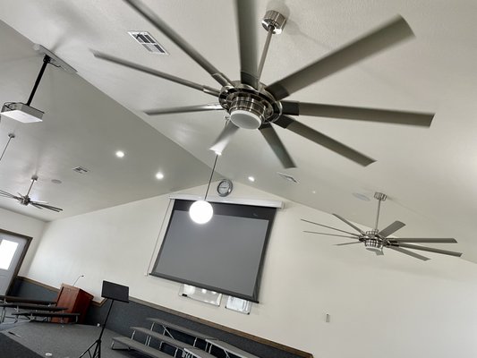 Whole Church Surround Sound - We provided and neatly installed in-ceiling speakers in church auditorium and all rooms in building. With the luxury of syncing all rooms with main auditorium and having different volumes and controls for all areas. Motorized 130” screen provided and installed as well. With projector.