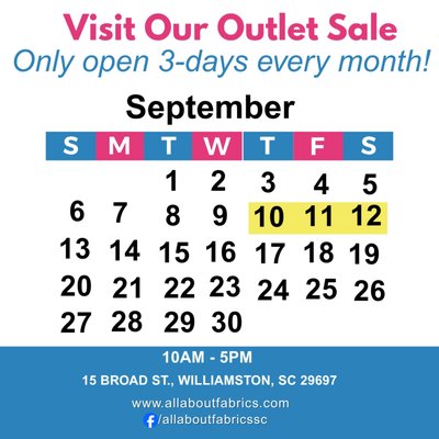 2026 September Warehouse Outlet Sale - A huge thank you to everyone who came out and shopped our August Warehouse Sale! We truly appreciate every one of you who continues to support All About Fabrics.

We’re already looking forward to seeing you again at our next Warehouse Sale, September 10th, 11th & 12th! Come shop with us from 10 AM–5 PM and find great deals on fabrics you’ll love.

Mark your calendars — we’ll see you in September!