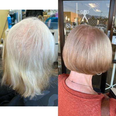No more grey - My sweet client hadn’t had her hair done in a year and a half. We cut 8 inches off and added highlights and lowlights to give her a younger more sophisticated look. No more grey - My sweet client hadn’t had her hair done in a year and a half. We cut 8 inches off and added highlights and lowlights to give her a younger more sophisticated look.