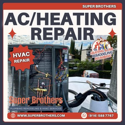 AC/Heating Repair - Are you tired of dealing with a malfunctioning HVAC system at home during hot days? Well, worry no more! Super Brothers Plumbing Heating & Air repair services can come to your rescue and provide you with a range of benefits for low prices and repairs during the same-day visit. From improving air quality to reducing energy bills, these services can help you enjoy a comfortable, safe, and cost-effective home environment. AC/Heating Repair - Are you tired of dealing with a malfunctioning HVAC system at home during hot days? Well, worry no more! Super Brothers Plumbing Heating & Air repair services can come to your rescue and provide you with a range of benefits for low prices and repairs during the same-day visit. From improving air quality to reducing energy bills, these services can help you enjoy a comfortable, safe, and cost-effective home environment.
