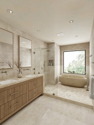 Bathroom remodel 2025 - This spa-like bathroom features a tranquil, organic aesthetic, dominated by warm, neutral-toned natural stone. The space showcases a unique, egg-shaped freestanding soaking tub paired with a sleek floor-mounted faucet, positioned next to a large window that offers an immersive view of the outdoors. The floor is tiled with irregular flagstone pieces, which extends into the glass-enclosed walk-in shower. A custom light wood double vanity with a stone countertop and rectangular framed mirrors completes the serene design. Bathroom remodel 2025 - This spa-like bathroom features a tranquil, organic aesthetic, dominated by warm, neutral-toned natural stone. The space showcases a unique, egg-shaped freestanding soaking tub paired with a sleek floor-mounted faucet, positioned next to a large window that offers an immersive view of the outdoors. The floor is tiled with irregular flagstone pieces, which extends into the glass-enclosed walk-in shower. A custom light wood double vanity with a stone countertop and rectangular framed mirrors completes the serene design.