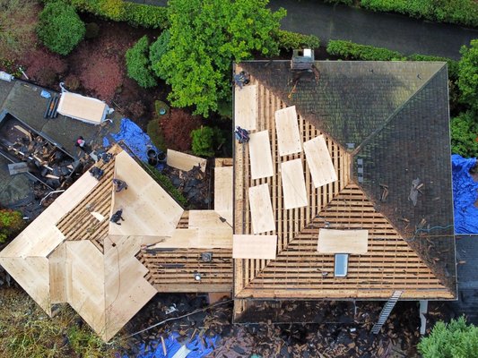 Bellevue roof project - Full roof replacement, including all plywood replacement and a comprehensive gutter system upgrade. Bellevue roof project - Full roof replacement, including all plywood replacement and a comprehensive gutter system upgrade.