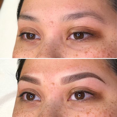 Ombre Powder Shading/ Microshading - This service is often referred to different names, but Powder Shading mimics the look of a brow tint or makeup filled brows. It is typically used with a cosmetic tattoo device. It is applied in layers of shading to create the desired saturation. It can be applied very sheer to opaque. Retention is usually 2-3 years for the average client.