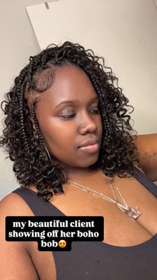 Human Hair Boho Bob (Medium Knotless braids+boho) - I encourage all of my clients to book their boho styles with human bohemian hair. Not only do I ensure you guys are getting the best quality hair, but I also install these curls in a way that guarantees longevity. My clients have had human hair boho styles in for other 2 months. Human Hair Boho Bob (Medium Knotless braids+boho) - I encourage all of my clients to book their boho styles with human bohemian hair. Not only do I ensure you guys are getting the best quality hair, but I also install these curls in a way that guarantees longevity. My clients have had human hair boho styles in for other 2 months.