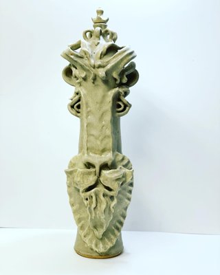 "Leo Lion", large stoneware growler, 2021 - The third made of Ivan Bratko's Zodiac series. This lion representing Leo is a large decorative handmade growler/wine decanter. About 2 feet tall. Available for purchase.
