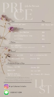 Price list - Here’s some of information about us, please text 626-617-2299 for more details
Or follow us on Instagram @gellybarnailstudio
Thanks :) Price list - Here’s some of information about us, please text 626-617-2299 for more details
Or follow us on Instagram @gellybarnailstudio
Thanks :)