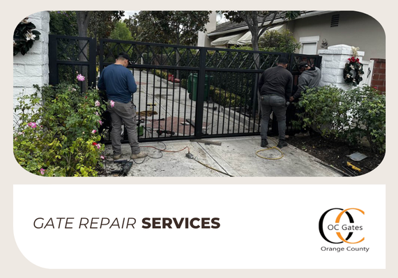 Professional Gate Repair Service - At OC Garage Doors and Gates, we provide professional gate repair services throughout Orange County, CA, ensuring your automatic, sliding, swing, or electric gate functions smoothly and securely. Our experienced technicians handle gate motor repairs, track realignment, sensor adjustments, hinge and welding fixes, and access control troubleshooting. Whether your gate is stuck, unresponsive, or making unusual noises, we offer fast, reliable, and 24/7 emergency repairs for homes and businesses in Anaheim, Irvine, Santa Ana, Huntington Beach, Newport Beach, and surrounding areas. Licensed, insured, and bonded, we guarantee high-quality craftsmanship and same-day service to restore your gate’s performance and security. Contact us today for a free estimate and expert gate repair solutions.