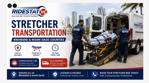 Stretcher Transportation - At RideStat Non Emergency Medical Transport, we provide professional stretcher transportation service in Broward County and Miami-Dade County. Our service is designed for bedridden patients, post-surgery individuals, seniors, and families who need reliable, non-ambulance medical transport.
From Downtown Miami high-rises to Fort Lauderdale neighborhoods and Pembroke Pines communities, we deliver prompt, compassionate care with fully equipped stretcher vans.
Comfort. Safety. Reliability. That’s the RideStat promise. Stretcher Transportation - At RideStat Non Emergency Medical Transport, we provide professional stretcher transportation service in Broward County and Miami-Dade County. Our service is designed for bedridden patients, post-surgery individuals, seniors, and families who need reliable, non-ambulance medical transport.
From Downtown Miami high-rises to Fort Lauderdale neighborhoods and Pembroke Pines communities, we deliver prompt, compassionate care with fully equipped stretcher vans.
Comfort. Safety. Reliability. That’s the RideStat promise.