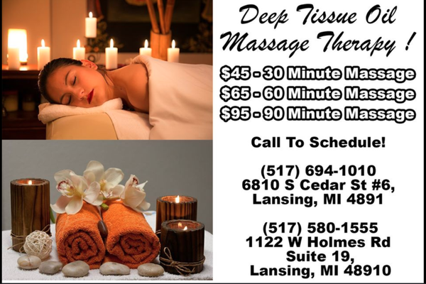 Services Offered - We offer 30/60/90 min for Swedish, Deep Tissue, Tui Na, Prenatal, Aromatherapy, Thai, Four Hand, and Foot Massage. Comes with free table shower and hot stone. Mention Yelp to redeem.