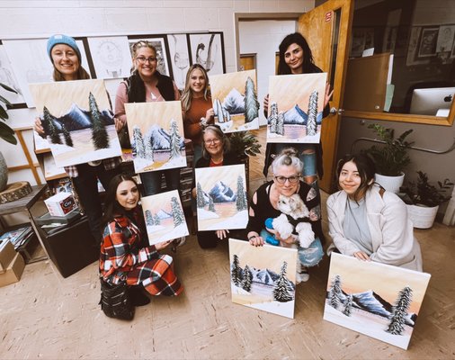 Evening Art Classes - Evening Art Classes happens weekly in Enable Art's Studio. Each week we create a new painting so people can't come to as many classes as they want with out having to worry about repeating a class! BUT don't worry if you miss a paint night picture you like! You can always schedule a private art party with friends if that works better for your schedule! 

Private Art Parties are created for people who have a group of friends that want to get together to paint. It can also be for companies wanting to do something fun with their employees or maybe you want a paint party for your birthday! Whatever the reason may be, people who book these parties have the option to repaint a picture or have Enable Art custom create a painting just for your class! The painting, canvas size and class size are all up to you! Let Enable Art host the perfect party! We cover all the supplies so all you have to do is show up and have a good time!