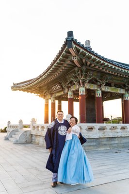 Yuri & Aaron's Engagement Session at the Korean Friendship Bell in San Pedro - I loved photographing this engagement session with Yuri & Aaron. From the radiant light of golden hour that afternoon to the spectacular architecture of the Korean Friendship Bell, this session was just brimming with beauty everywhere. 

Yuri & Aaron also taught me about hanboks (traditional Korean outerwear) and their deep love for math (they got married on 08.16.24, which are increasing exponents of 2— how cool is that!!).