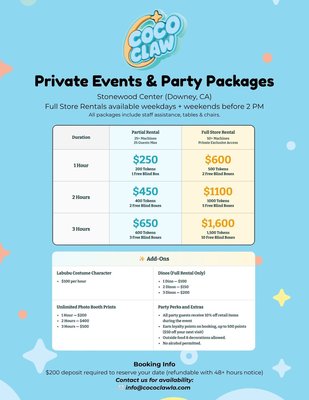 🎂 Private Parties - Private parties and special events at Coco Claw. Exclusive arcade access, token packages, blind boxes, and customizable add-ons available.