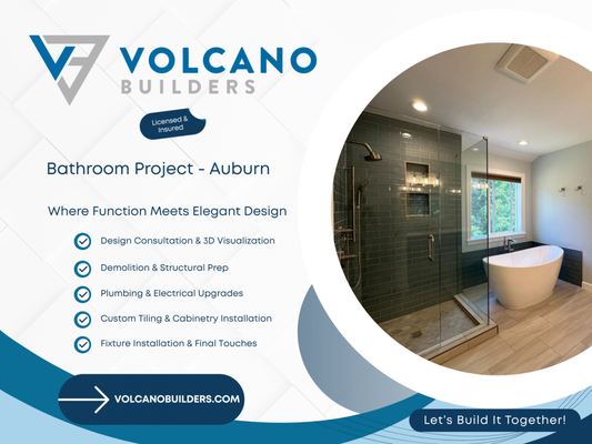 Bathroom Remodeling Auburn, WA - Volcano Builders is your trusted partner for exceptional bathroom remodeling in Auburn, WA. As experienced general contractors specializing in design, construction, kitchen remodels, bathroom remodels, and more, they have the expertise to transform your bathroom into a stunning and functional space.

At Volcano Builders, they understand that the bathroom is an essential part of your home. It should reflect your style while meeting your specific needs. Whether you're looking for a contemporary, spa-like retreat or a traditional, cozy atmosphere, their team of professionals will work closely with you to create a bathroom that exceeds your expectations.

When you choose Volcano Builders for your bathroom remodel, you gain access to a team of skilled designers who will help bring your vision to life. They will collaborate with you to understand your goals, preferences, and budget, ensuring that the design perfectly suits your style and requirements. From choosing the right fixtures and finishes to optimizing space utilization, their expertise in design will ensure a beautiful and functional bathroom.

Volcano Builders is not just limited to bathroom remodeling; they excel in all aspects of construction. As trusted general contractors, they can handle kitchen remodels, bathroom remodels, and various other projects. From plumbing and electrical work to cabinetry, countertops, flooring, and more, their team of professionals possesses the expertise to handle every aspect of your project with precision and care.

Throughout the remodeling process, Volcano Builders maintains clear communication and transparency. They understand the importance of keeping you informed about the progress and involving you in decision-making. With their dedicated contractors, your project will be executed efficiently, minimizing disruptions to your daily life. They take pride in maintaining a clean and organized work environment, treating your home with respect.

With Volcano Builders, your bathroom remodeling project in Auburn, WA is in capable hands. Their commitment to customer satisfaction, attention to detail, and dedication to quality craftsmanship set them apart. They use high-quality materials and innovative construction techniques to deliver exceptional results that stand the test of time.

Contact Volcano Builders today to discuss your bathroom remodeling project. Experience their exceptional services and let their team of skilled contractors bring your design vision to life. With their expertise and unwavering commitment to excellence, they will transform your bathroom into a beautiful and functional space that enhances the overall value and enjoyment of your home.