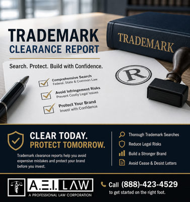 Comprehensive Trademark Search, domestic and international $480.00 - A report known as Trademark Clearance Report is an effective way to avoid the devastating pitfalls that often come with developing a brand. This report includes a comprehensive search of all US Federal, State, and common law uses of similar trademarks in association with related goods or services.
Before you file for a trademark registration, invest in a trademark, begin building your brand, or launch your product or service, it is important to ensure that no other businesses are using a confusingly similar trademark for related goods or services. It is crucial that you do not launch prematurely and later realize that you have been wasting your marketing efforts by sending potential customers to your competitors. Even worse, you may receive a cease and desist letter from an owner of a confusingly similar mark, forcing you to stop using your brand after investing in it for years.
To avoid such situations, call A.E.I. Law at (888)-423-4529 to get started on the right foot. Comprehensive Trademark Search, domestic and international $480.00 - A report known as Trademark Clearance Report is an effective way to avoid the devastating pitfalls that often come with developing a brand. This report includes a comprehensive search of all US Federal, State, and common law uses of similar trademarks in association with related goods or services.
Before you file for a trademark registration, invest in a trademark, begin building your brand, or launch your product or service, it is important to ensure that no other businesses are using a confusingly similar trademark for related goods or services. It is crucial that you do not launch prematurely and later realize that you have been wasting your marketing efforts by sending potential customers to your competitors. Even worse, you may receive a cease and desist letter from an owner of a confusingly similar mark, forcing you to stop using your brand after investing in it for years.
To avoid such situations, call A.E.I. Law at (888)-423-4529 to get started on the right foot.