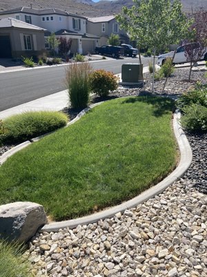 Eco-Lawn Revitilization - Taking a dying, heavy water use lawn, and utilizing all-electric machinery to shape, trim, and green up, with routine mowing resulting in a better, smaller, and more green grass turf area. Eco-Lawn Revitilization - Taking a dying, heavy water use lawn, and utilizing all-electric machinery to shape, trim, and green up, with routine mowing resulting in a better, smaller, and more green grass turf area.
