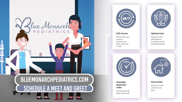 Blue Monarch Member Benefits - At Blue Monarch Pediatrics we provide whole child healthcare, when and where you need it. 
For an affordable monthly fee, your child will be cared for by a Board Certified pediatrician conveniently accessible by phone, text, or email. Our appointments cater to your schedule, have little or no waiting times, and allow for time needed for stress free quality care. 
We also offer home visits, same or next-day appointments virtually or in person, which help decrease urgent care and ER visits and costs.Our approach focuses on the whole child - emotional, mental, developmental, and physical to fully optimize your child’s health. 

We believe quality healthcare should be focused on the child, not the clock! Schedule a Meet and Greet today and have all your questions answered by Dr. Elissa Gonzalez.