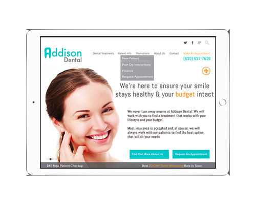 Dental Practice Brand Identity, Website, and Search Marketing - Addison Dental, a new dental practice, approached Webtage to help launch its digital presence and generate new business by promoting them via paid ads and SEO.
We launched Addison Dental online by creating a fully customized website optimized for conversions & search engine visibility. SEO & Google Adwords campaign worked to bring regular leads for the new dental practice.
We achieved pop search visibility for 80% of high traction keywords within 12 weeks of SEO and a 15% conversion rate on Google Adwords campaign resulting in a quick inflow of new patient leads. Dental Practice Brand Identity, Website, and Search Marketing - Addison Dental, a new dental practice, approached Webtage to help launch its digital presence and generate new business by promoting them via paid ads and SEO.
We launched Addison Dental online by creating a fully customized website optimized for conversions & search engine visibility. SEO & Google Adwords campaign worked to bring regular leads for the new dental practice.
We achieved pop search visibility for 80% of high traction keywords within 12 weeks of SEO and a 15% conversion rate on Google Adwords campaign resulting in a quick inflow of new patient leads.