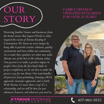 About Our Family - Owners of Xtreme Roofing, Mathew and Patti Appell, have serviced the state of Florida for over 20 years. Protecting families’ homes and businesses from the brutal storms that impact Florida is what inspired the vision of Xtreme Roofing & Construction.