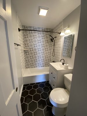Bathroom remodel on Cleveland’s west side - Tore out the jetted tub to make more room in this small
Bathroom and made it POP!!