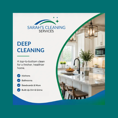 Deep Clean - Give your space the refresh it deserves with our Deep Clean service! Ideal for homes and businesses needing a comprehensive top-to-bottom clean, we tackle tough grime, sanitize high-touch areas, and leave every nook and cranny sparkling. Our experienced team uses eco-friendly products and proven techniques to ensure a healthier, spotless environment. Whether you’re preparing for a special event or just want that fresh-start feeling, trust Sarah’s Cleaning Services for results you can see and feel. Deep Clean - Give your space the refresh it deserves with our Deep Clean service! Ideal for homes and businesses needing a comprehensive top-to-bottom clean, we tackle tough grime, sanitize high-touch areas, and leave every nook and cranny sparkling. Our experienced team uses eco-friendly products and proven techniques to ensure a healthier, spotless environment. Whether you’re preparing for a special event or just want that fresh-start feeling, trust Sarah’s Cleaning Services for results you can see and feel.