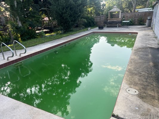 Green pool clean up - This customer came to me with his green pool. Customers lives in Arizona and had his property rented out to a tenant who was in charge of maintaining the pool, but he did not. It took me four days to get the clarity back into the pool and cleaned up. Unfortunately, the surface was destroyed from years of neglect. Green pool clean up - This customer came to me with his green pool. Customers lives in Arizona and had his property rented out to a tenant who was in charge of maintaining the pool, but he did not. It took me four days to get the clarity back into the pool and cleaned up. Unfortunately, the surface was destroyed from years of neglect.