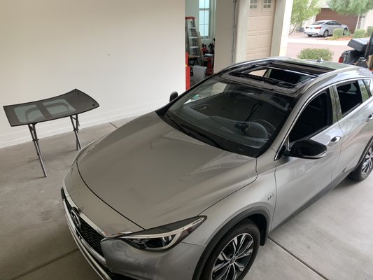 Infiniti QX30 panoramic roof replacement - Our client came to us with a broken panoramic roof, and were able to get this vehicle back on the road quickly. We worked with their insurance company and the dealership to provide the best customer experience possible. Infiniti QX30 panoramic roof replacement - Our client came to us with a broken panoramic roof, and were able to get this vehicle back on the road quickly. We worked with their insurance company and the dealership to provide the best customer experience possible.