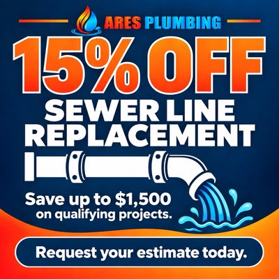 15% SEWER REPLACEMENT! - Dreading the cost of a sewer repair? At ARES Plumbing we understand these repairs can be costly and want to help mitigate as much as possible! Feel free to give us a call for a 2nd opinion or if you want it done honestly the first time! We are here either way with the same affordable price! 15% SEWER REPLACEMENT! - Dreading the cost of a sewer repair? At ARES Plumbing we understand these repairs can be costly and want to help mitigate as much as possible! Feel free to give us a call for a 2nd opinion or if you want it done honestly the first time! We are here either way with the same affordable price!