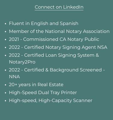 Working together in english and spanish! - We Offer Mobile
Loan Signing & Notary Public Services Throughout
Los Angeles, Orange, Riverside Counties
& Surrounding Areas
*Professional *Accurate *Dependable Working together in english and spanish! - We Offer Mobile
Loan Signing & Notary Public Services Throughout
Los Angeles, Orange, Riverside Counties
& Surrounding Areas
*Professional *Accurate *Dependable