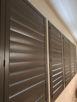 Plantation Shutters Installation - This installation was done for a new homeowner who chose dark wood plantation shutters Plantation Shutters Installation - This installation was done for a new homeowner who chose dark wood plantation shutters