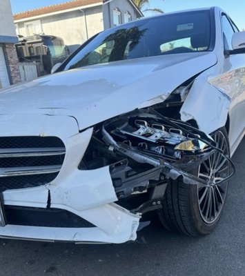 MERCEDES Front End repair - This Mercedes was sitting for a long time as many shops were quoting outrageous prices to repair. We gave the best quote and completed this very big job within a good timeframe. This incredible customer is very happy, and we are thrilled to know it is being driven now every day! A true luxury vehicle.