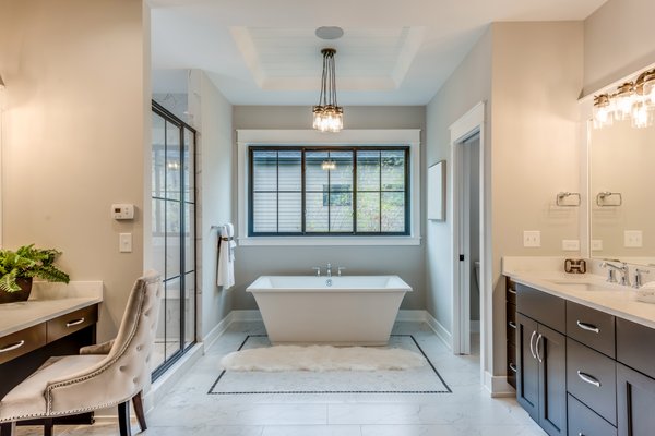 Master Bathroom Remodeling - Master bathroom remodeling with free standing tub, and standing shower.
Along with washer and dryer, and make up vanity.
Calacatta floor with black tile for square design. Master Bathroom Remodeling - Master bathroom remodeling with free standing tub, and standing shower.
Along with washer and dryer, and make up vanity.
Calacatta floor with black tile for square design.