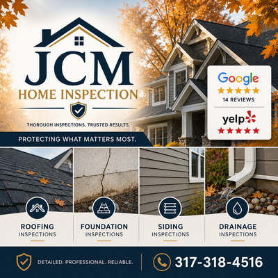 Roof, Exterior, & Structure Inspection - Protect your investment with JCM Home Inspection’s thorough checks of your roof, foundation, siding, and drainage. We spot issues early to help you avoid costly repairs and keep your home safe and secure year-round. Rely on our expertise and 5-star service!
Call 317-318-4516 to schedule your inspection today!