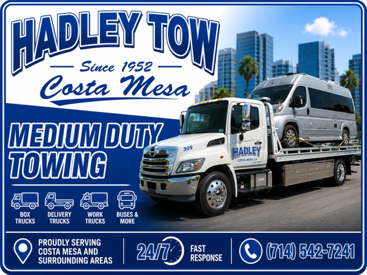 Medium-Duty Towing - Professional medium-duty towing services available 24/7 for box trucks, delivery vans, utility trucks, RVs, shuttle vans, work trucks, and small commercial vehicles throughout Southern California. Hadley Tow Costa Mesa provides fast-response towing, accident recovery, breakdown assistance, winch-outs, and fleet support, all delivered by experienced operators with specialized equipment and trusted for safe, efficient, and dependable medium-duty towing and roadside assistance when commercial vehicles need expert handling. Medium-Duty Towing - Professional medium-duty towing services available 24/7 for box trucks, delivery vans, utility trucks, RVs, shuttle vans, work trucks, and small commercial vehicles throughout Southern California. Hadley Tow Costa Mesa provides fast-response towing, accident recovery, breakdown assistance, winch-outs, and fleet support, all delivered by experienced operators with specialized equipment and trusted for safe, efficient, and dependable medium-duty towing and roadside assistance when commercial vehicles need expert handling.