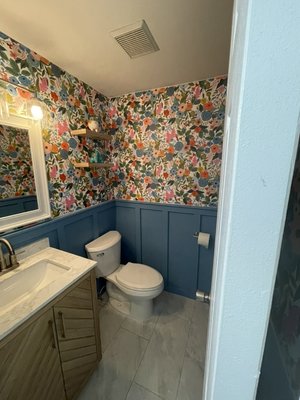 Louder Room > Powder Room - This remodel was done on an older powder room without much personality. This customer wanted this room to “POP” and now it is a fun and vibrant space. Louder Room > Powder Room - This remodel was done on an older powder room without much personality. This customer wanted this room to “POP” and now it is a fun and vibrant space.