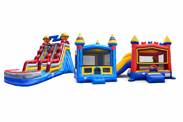 Different bounce houses - Fun-filled featuring a large inflatable water slide, a colorful bounce house, and a combo unit with slide and jumping area—perfect for parties, birthdays, and events in Sacramento! Safe, clean, and professionally set up by Capitol Party Jumps.