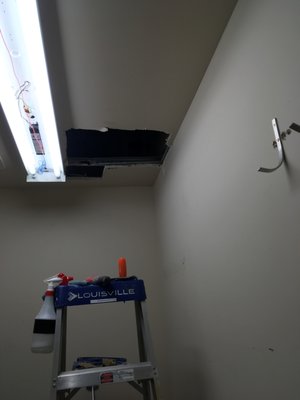 repaired hole in ceiling - The customer had a big hole in their closet ceiling. Now they do not and don't have to worry about it any more. repaired hole in ceiling - The customer had a big hole in their closet ceiling. Now they do not and don't have to worry about it any more.