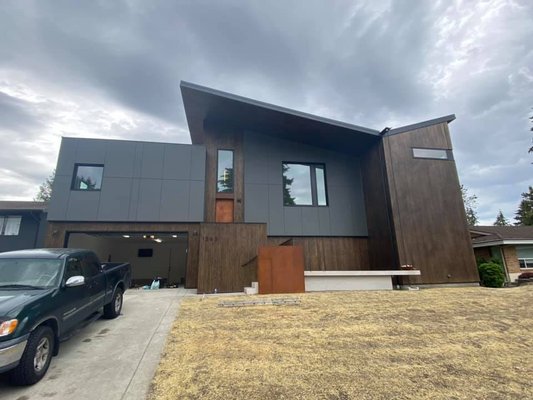 Bellevue House Exterior Paining - Exterior Painting and Staining New House in Bellevue:
- Hardie Panels - SW SuperPaint;
- Cedar Siding - SW Wood Scrapes Semi-Transparent Stain