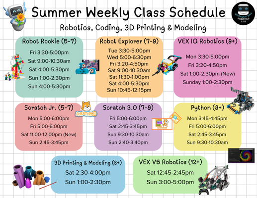 🌞 Summer STEM Weekly Classes Are Here! Robotics, Coding & 3D Printing for All Ages - Join the summer fun and explore the exciting world of STEM! Our weekly Robotics, Coding, and 3D Printing & 3D Modeling classes are designed for students of all ages and experience levels—from complete beginners to advanced learners.
📅 Classes Available Monday–Sunday
📍 June & July Summer Sessions
✅ Attend Once Per Week
🤖 Build and program robots
💻 Learn coding and problem-solving skills
🖨️ Design and create with 3D modeling and printing
🌟 Fun, hands-on projects in a supportive learning environment
Whether you're just getting started or looking to expand your skills, our engaging STEM programs help students create, innovate, and gain confidence through real-world technology experiences.
Spaces are limited—register today and make this summer a season of creativity, innovation, and learning! 🚀 🌞 Summer STEM Weekly Classes Are Here! Robotics, Coding & 3D Printing for All Ages - Join the summer fun and explore the exciting world of STEM! Our weekly Robotics, Coding, and 3D Printing & 3D Modeling classes are designed for students of all ages and experience levels—from complete beginners to advanced learners.
📅 Classes Available Monday–Sunday
📍 June & July Summer Sessions
✅ Attend Once Per Week
🤖 Build and program robots
💻 Learn coding and problem-solving skills
🖨️ Design and create with 3D modeling and printing
🌟 Fun, hands-on projects in a supportive learning environment
Whether you're just getting started or looking to expand your skills, our engaging STEM programs help students create, innovate, and gain confidence through real-world technology experiences.
Spaces are limited—register today and make this summer a season of creativity, innovation, and learning! 🚀