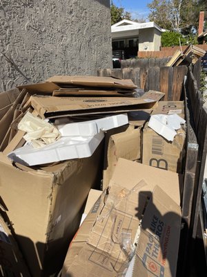 Cardboard Recycling - Our customer has large cardboard boxes that would not fit into there recycling bins. We picked them up and transported them to the miramar recycling facility. They also had a broken down queen bed frame and headboard. Our fee was $119 for the curbside removal. Cardboard Recycling - Our customer has large cardboard boxes that would not fit into there recycling bins. We picked them up and transported them to the miramar recycling facility. They also had a broken down queen bed frame and headboard. Our fee was $119 for the curbside removal.