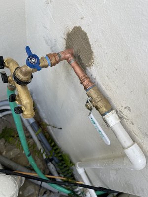 Oct 30 2021 - Install of hose bib with side tapping and main shut off to auto fill on pool equipment. Customer did not approve of the pool equipment guys approach on connecting to the output only on hose bib. In these photos, I did complete a wall patch in this scenario Oct 30 2021 - Install of hose bib with side tapping and main shut off to auto fill on pool equipment. Customer did not approve of the pool equipment guys approach on connecting to the output only on hose bib. In these photos, I did complete a wall patch in this scenario