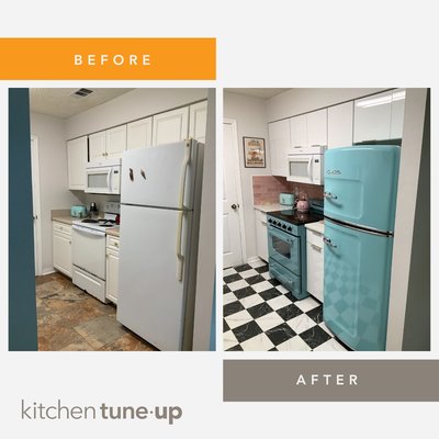Before & After - We offer an array of options to update your kitchen! 

If you love your current wood cabinets our Tune-Up is the perfect way to breath new life into your cabinets, we recondition the wood and can even add new hardware to uplift the look of you kitchen.

If you have great cabinets but don't love the style/color a reface/redoor is a great solution! We measure your existing cabinet opening and order new doors and drawer fronts in the style and color you choose, then we paint or add veneer to the original boxes to match the new doors! 

If you want to completely reimagine your kitchen with a new layout or just want to get lasting quality cabinets then custom cabinets is the way to go! Our design experts help your dream come to life, helping design, select colors, hardware, backsplash, countertops, etc. Then they create a 3D design so there isn't any guessing on what your kitchen will look like when it's complete!