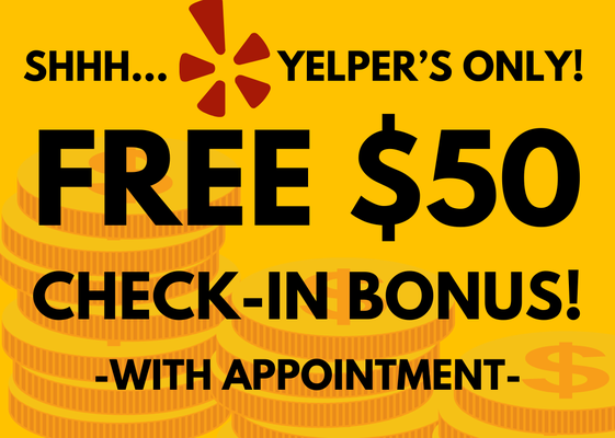 $50 Bonus when you sell $100 or more! - $50 bonus with the sale of at least $100 when you schedule an appointment and check-in on Yelp! Excludes bullion and coins. $50 Bonus when you sell $100 or more! - $50 bonus with the sale of at least $100 when you schedule an appointment and check-in on Yelp! Excludes bullion and coins.