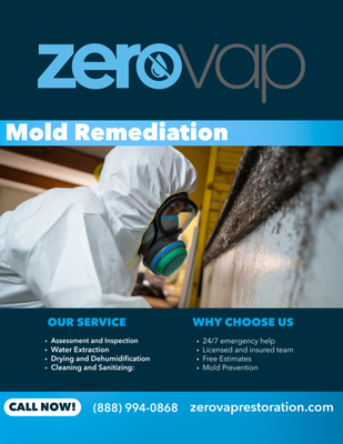 Mold Remediation - Mold Remediation Services at Zerovap Restoration
Mold growth can pose serious health risks and cause damage to your property if not addressed promptly. At Zerovap Restoration, we specialize in comprehensive mold remediation solutions to ensure your home or business is safe, healthy, and protected.
What We Do:
Thorough Inspection & Assessment: Our team conducts detailed inspections to identify mold presence, sources of moisture, and affected areas.
Containment & Safety: We seal off impacted areas to prevent cross-contamination and protect your space during the process.
Expert Mold Removal: Using advanced cleaning agents, HEPA filtration, and professional equipment, we safely remove mold from surfaces and hidden spots.
Drying & Moisture Control: We eliminate excess moisture with targeted drying and dehumidification to prevent future mold growth.
Post-Remediation Testing: After cleanup, we perform testing to ensure your space is mold-free and safe.
Prevention Strategies: We advise on and implement moisture control measures to keep your property mold-free in the long term.
Your health and safety are our top priorities. Trust Zerovap Restoration for reliable, efficient mold remediation you can count on. Mold Remediation - Mold Remediation Services at Zerovap Restoration
Mold growth can pose serious health risks and cause damage to your property if not addressed promptly. At Zerovap Restoration, we specialize in comprehensive mold remediation solutions to ensure your home or business is safe, healthy, and protected.
What We Do:
Thorough Inspection & Assessment: Our team conducts detailed inspections to identify mold presence, sources of moisture, and affected areas.
Containment & Safety: We seal off impacted areas to prevent cross-contamination and protect your space during the process.
Expert Mold Removal: Using advanced cleaning agents, HEPA filtration, and professional equipment, we safely remove mold from surfaces and hidden spots.
Drying & Moisture Control: We eliminate excess moisture with targeted drying and dehumidification to prevent future mold growth.
Post-Remediation Testing: After cleanup, we perform testing to ensure your space is mold-free and safe.
Prevention Strategies: We advise on and implement moisture control measures to keep your property mold-free in the long term.
Your health and safety are our top priorities. Trust Zerovap Restoration for reliable, efficient mold remediation you can count on.