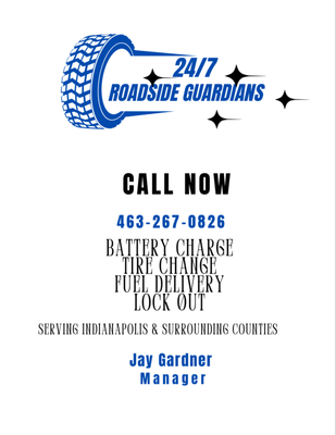 24/7 Roadside Guardians LLC - tire change 
lockout 
fuel delivery
battery starts