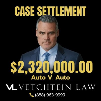 Case Settlement Auto V Auto - No matter how big or small you think your case is, Vetchtein Law will fight for you until your case is settled or won. We are always on your side. Call us for your free consultation 24/7. Case Settlement Auto V Auto - No matter how big or small you think your case is, Vetchtein Law will fight for you until your case is settled or won. We are always on your side. Call us for your free consultation 24/7.