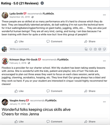 Reviews | References | Testimonials - We believe in transparency so please take a look at what others are saying about their experience on Facebook, Airbnb Experiences and more. We thank you for considering Flowbox as we continue to grow our Yelp presence. If you want to see more checkout our online pages 

(facebook.com/FlowboxCircus | Airbnb: https://abnb.me/QRyne1gyMyb)