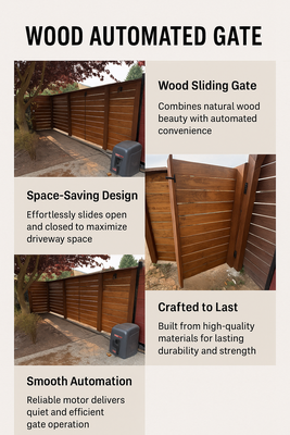 Upgrade Your Property With a Premium Wood Automated Gate - Experience the perfect blend of natural beauty and smart technology. Our wood automated gates are built to impress crafted from high-quality timber, equipped with smooth motor automation, and designed to maximize space while enhancing your home’s security and curb appeal. Each gate is custom-built to fit your style, ensuring lasting performance and timeless elegance.