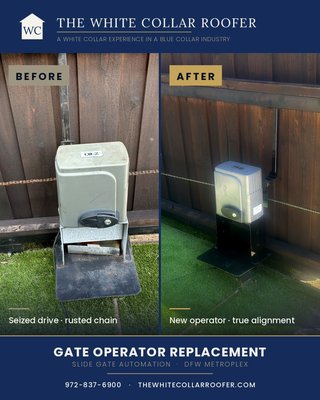Automatic Gate Motor Installation & Chain Repair - This homeowner’s automatic gate had stopped pulling its weight — literally. The motor was failing and the drive chain was worn and slipping, leaving the gate unreliable and a daily frustration.
We installed a brand-new automatic gate motor, properly rated for the gate’s size and weight, and replaced the worn chain with a correctly tensioned new drive chain. Every component was tested through full open/close cycles to ensure smooth, quiet, reliable operation — no grinding, no stalling, no babysitting the gate.
At The White Collar Roofer, gate and fence work gets the same owner-level attention as everything we do: quality parts, clean installation, and a final walkthrough so you know exactly what was done. A White Collar Experience in a Blue Collar Industry.
📍 Serving all of DFW from Princeton, TX
📞 972-837-6900
🌐 thewhitecollarroofer.com Automatic Gate Motor Installation & Chain Repair - This homeowner’s automatic gate had stopped pulling its weight — literally. The motor was failing and the drive chain was worn and slipping, leaving the gate unreliable and a daily frustration.
We installed a brand-new automatic gate motor, properly rated for the gate’s size and weight, and replaced the worn chain with a correctly tensioned new drive chain. Every component was tested through full open/close cycles to ensure smooth, quiet, reliable operation — no grinding, no stalling, no babysitting the gate.
At The White Collar Roofer, gate and fence work gets the same owner-level attention as everything we do: quality parts, clean installation, and a final walkthrough so you know exactly what was done. A White Collar Experience in a Blue Collar Industry.
📍 Serving all of DFW from Princeton, TX
📞 972-837-6900
🌐 thewhitecollarroofer.com