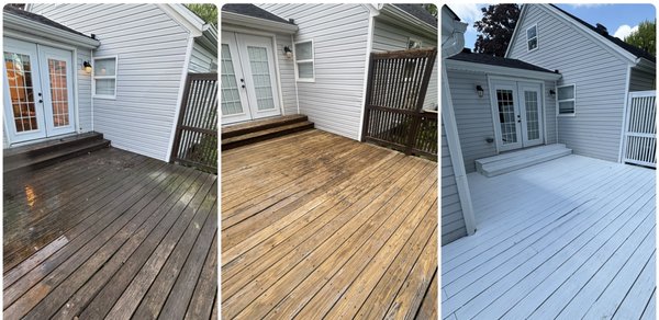 Deck strip, pressure wash + Repaint — Beavercreek, OH - This side deck had years of weather buildup and an old finish that was peeling and failing. The homeowner was leaning toward full replacement until they saw what a proper restoration could do and save them $5,000+.

We did a full strip and pressure wash to remove the old finish and lift years of grime down to bare wood — that middle photo shows the result: clean, even boards with no gouging or fuzzing, which is the part most pressure washing jobs get wrong. From there it was full prep and two coats of premium ultra white deck paint, including the railings.
Same boards. New deck. A fraction of the cost of replacement.
Included: Full strip • Pressure wash • Surface prep • Two coats premium deck paint (ultra white) • + railing finish
CTA: Got a deck headed for the dumpster? Send a photo through Request a Quote — most decks can be saved. 15-minute quote by text.